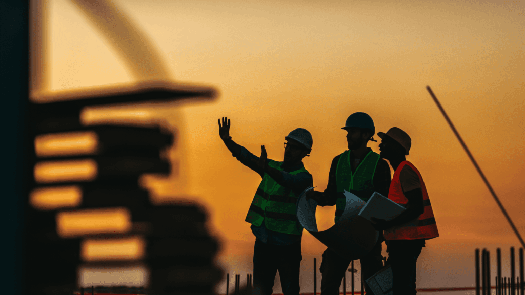 Construction workers reviewing ADU project plans at sunset in Denver.
