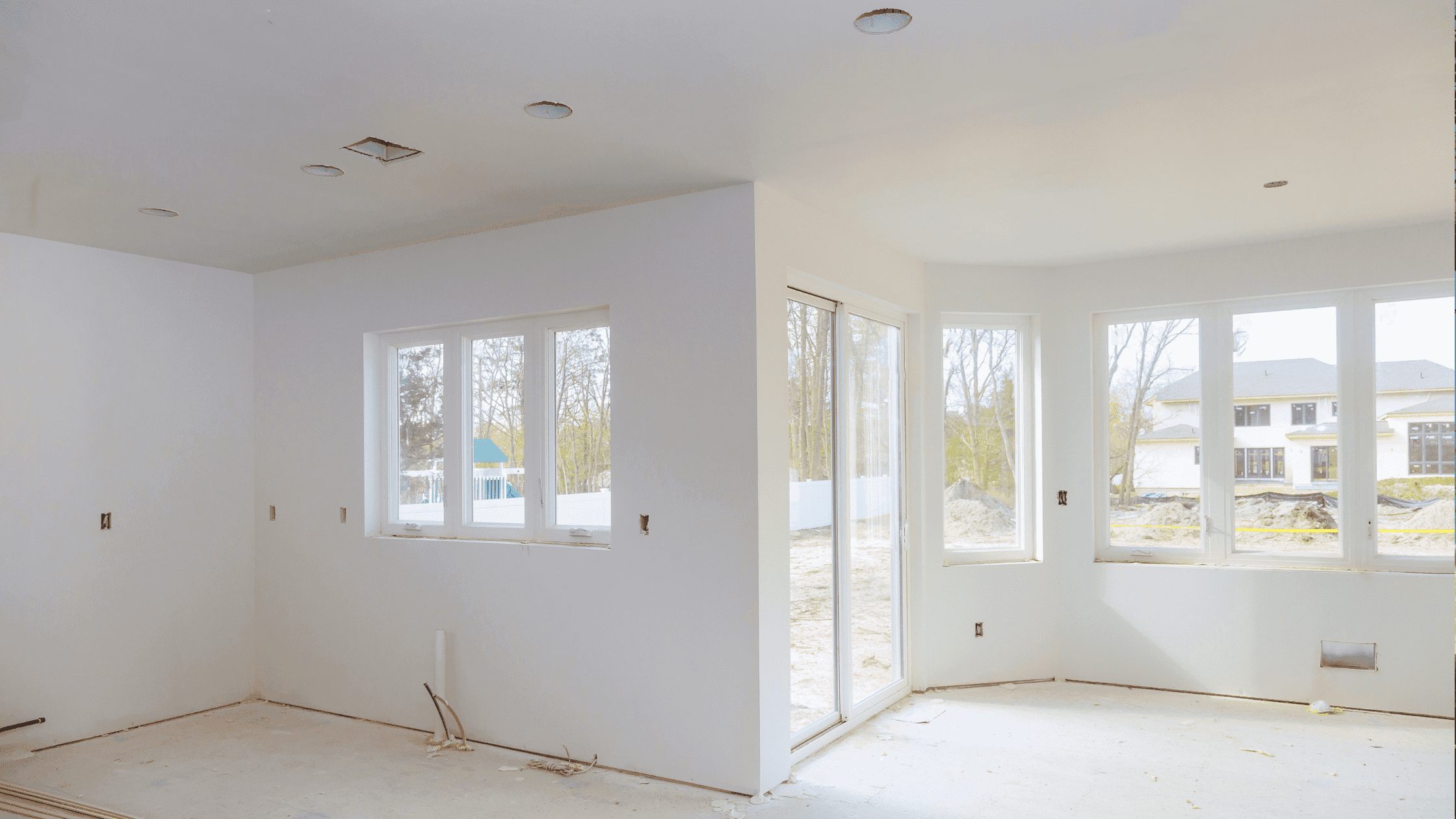 Newly drywalled addition with large windows and a sliding glass door.