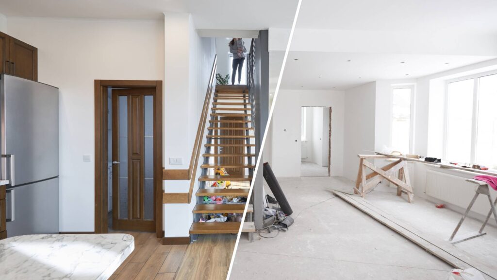 Before-and-after comparison of interior upgrades completed during a home renovation Denver project.