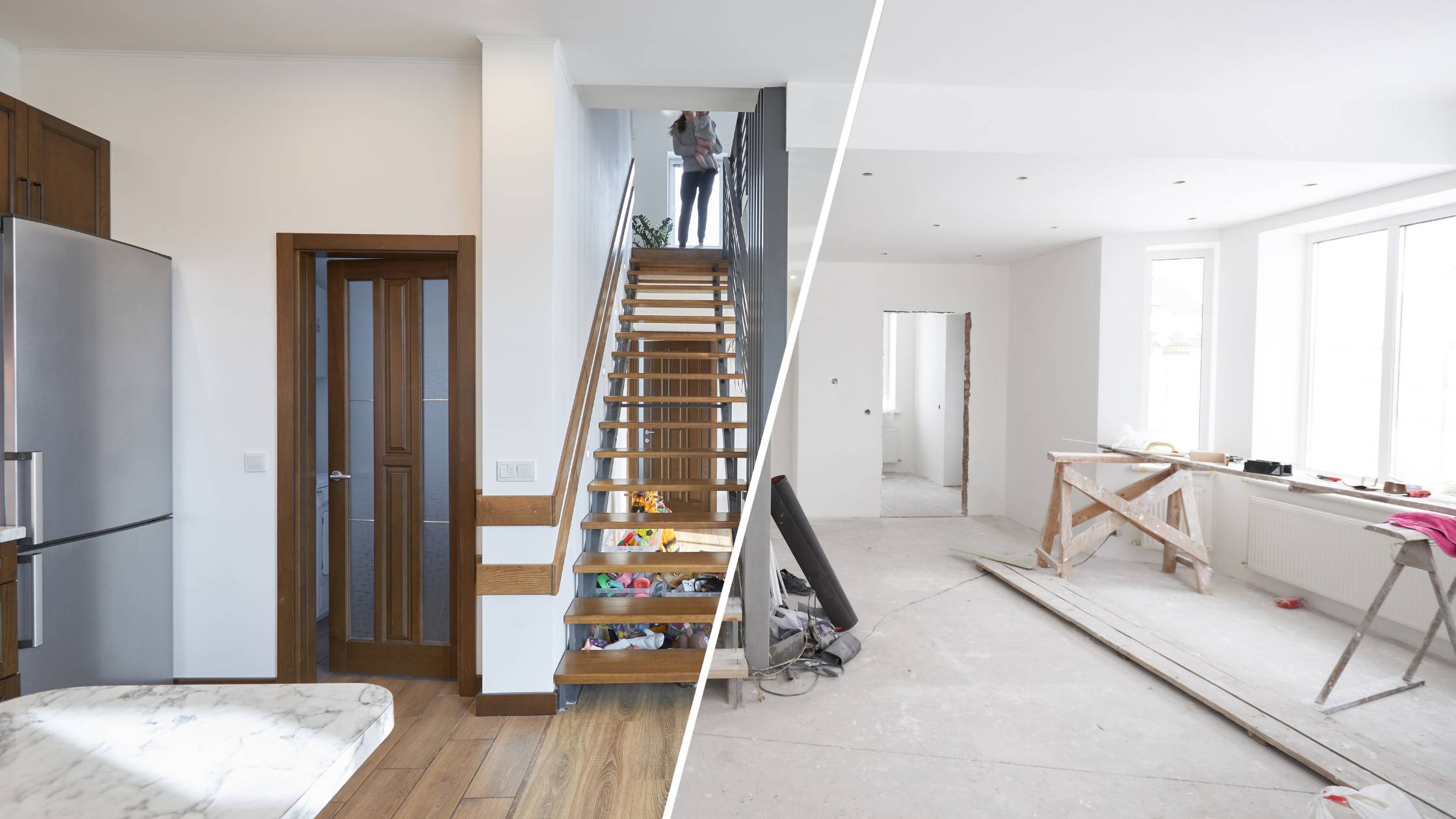 Before-and-after comparison of interior upgrades completed during a home renovation Denver project.