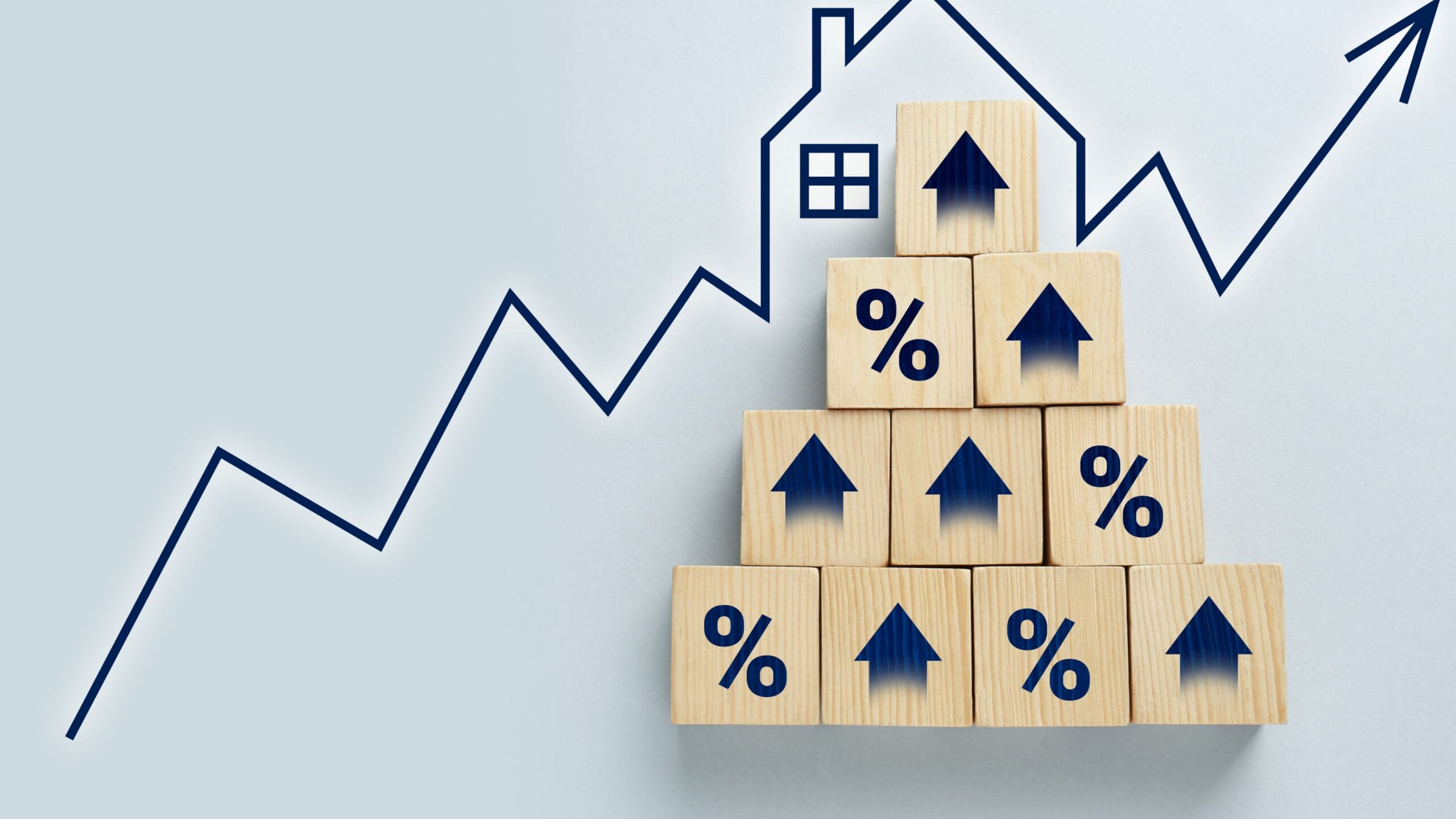 Wooden blocks with percentage symbols and upward arrows illustrating how does a rate buydown work in mortgage financing.