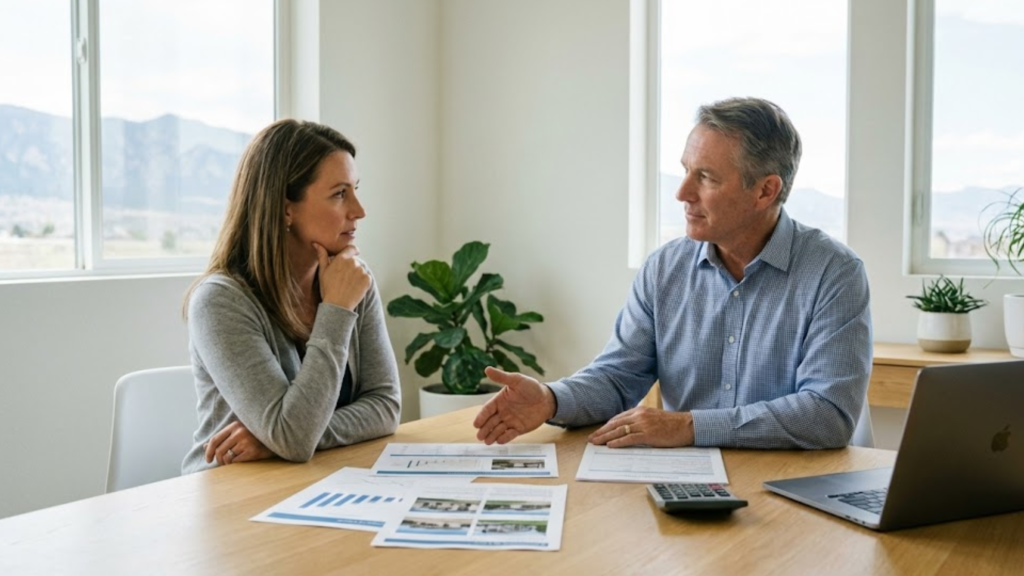 Homebuyer reviewing appraisal documents at a table, illustrating appraisal gap meaning and the cash shortfall risk when value comes in low.