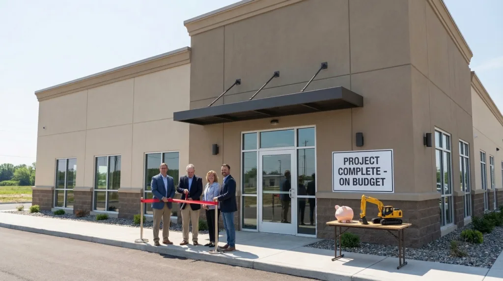 Ribbon cutting ceremony at a completed commercial construction project finished on budget