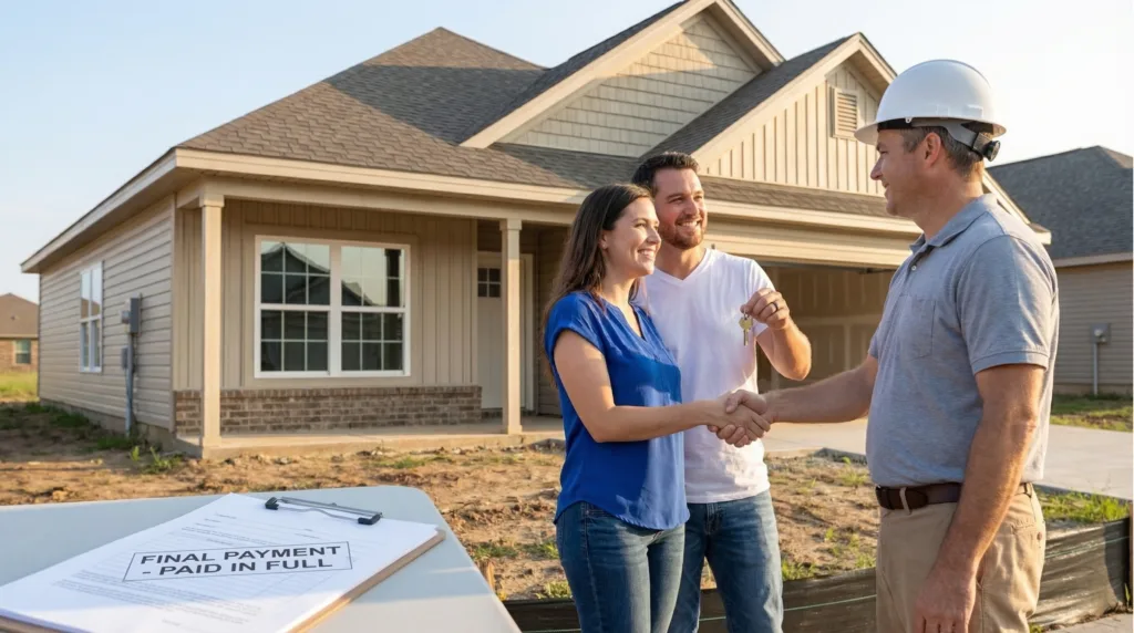Homeowners receiving keys from a builder in front of a newly completed home with a final payment document on the table