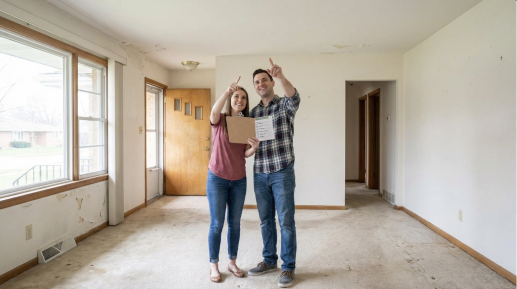 Couple holding a renovation checklist and pointing at the ceiling inside an empty fixer-upper home with visible wear on walls and floors