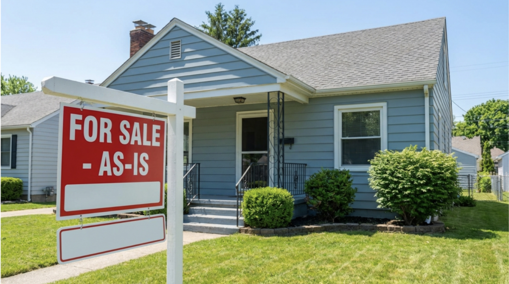 Blue single-story residential home with a red for sale as-is sign in the front yard on a sunny day