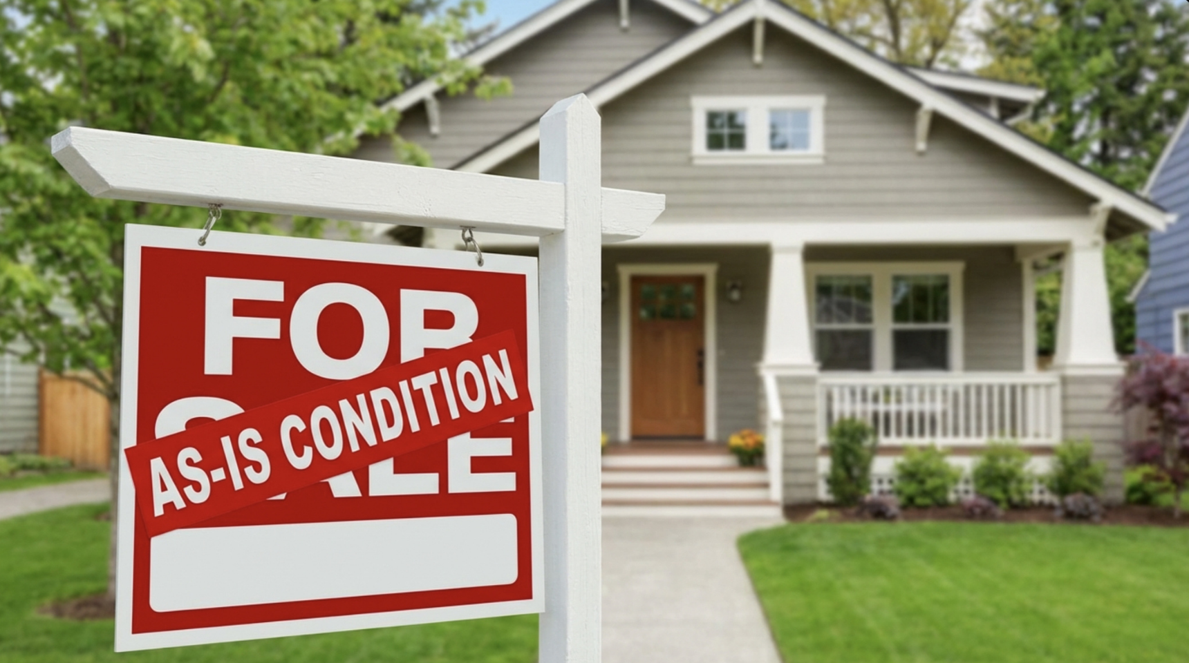 For sale sign with as-is condition banner in front of a craftsman-style home with a covered porch