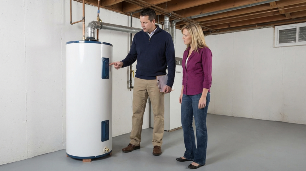 Home inspector pointing out details on a water heater to a buyer during a basement inspection of an as-is property