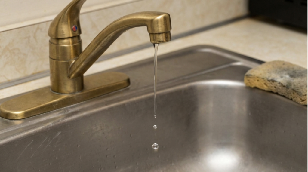 Close-up of a dated brass kitchen faucet dripping water into a stainless steel sink showing signs of deferred maintenance