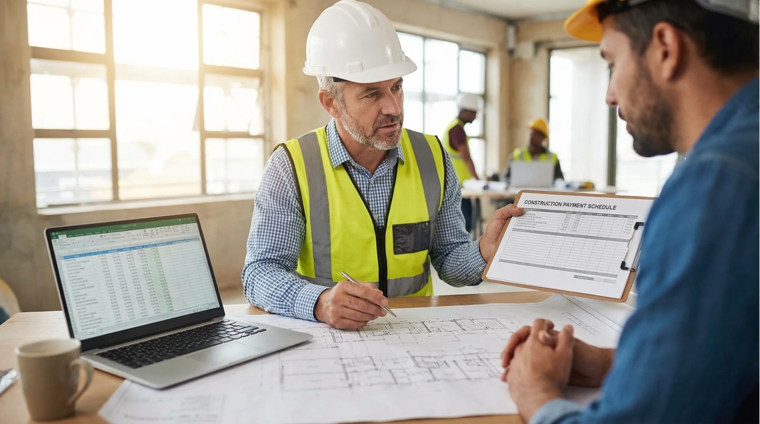 Construction manager reviewing a payment schedule on a clipboard with a colleague while blueprints and a laptop are spread across the table on a job site