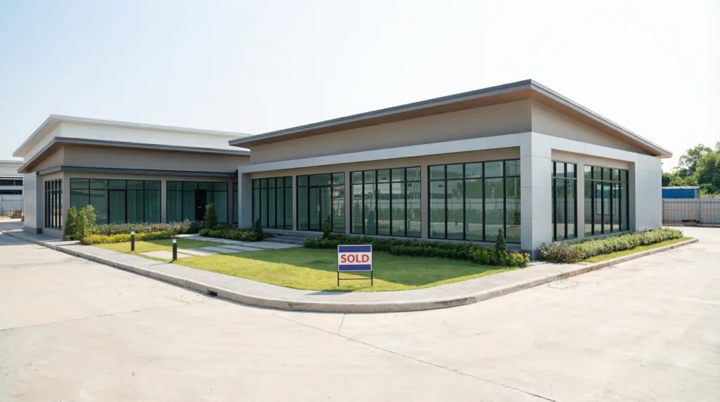 Newly completed commercial building with a SOLD sign on the front lawn