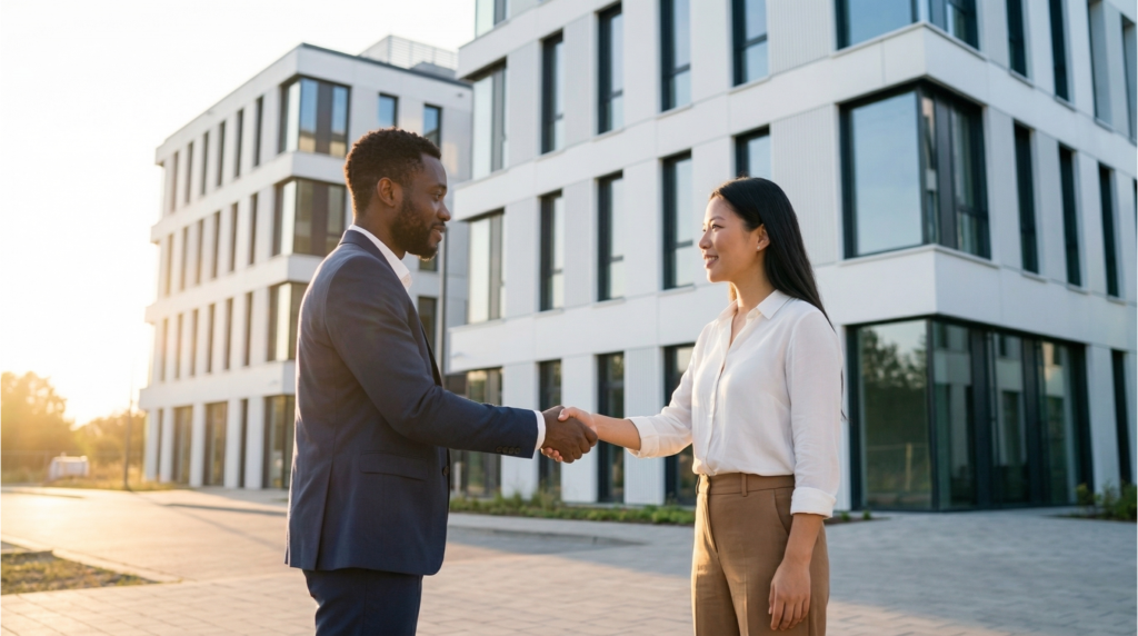 Contractor and property owner shaking hands in front of a commercial building after finalizing a construction payment schedule