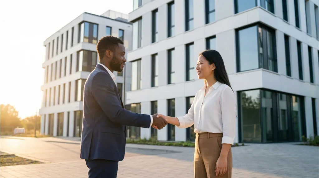 Contractor and property owner shaking hands in front of a commercial building after finalizing a construction payment schedule