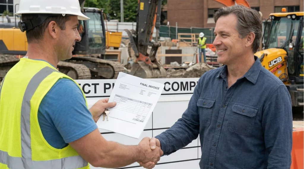 Construction manager reviewing a payment schedule on a clipboard with a colleague while blueprints and a laptop are spread across the table on a job site