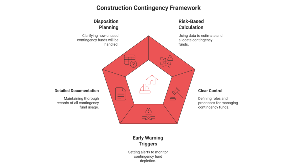 Pentagon diagram showing five pillars of a construction contingency framework: risk-based calculation, clear control, early warning triggers, detailed documentation, and disposition planning