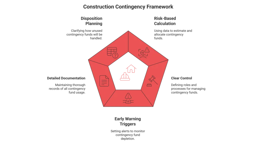 Pentagon diagram showing five pillars of a construction contingency framework: risk-based calculation, clear control, early warning triggers, detailed documentation, and disposition planning