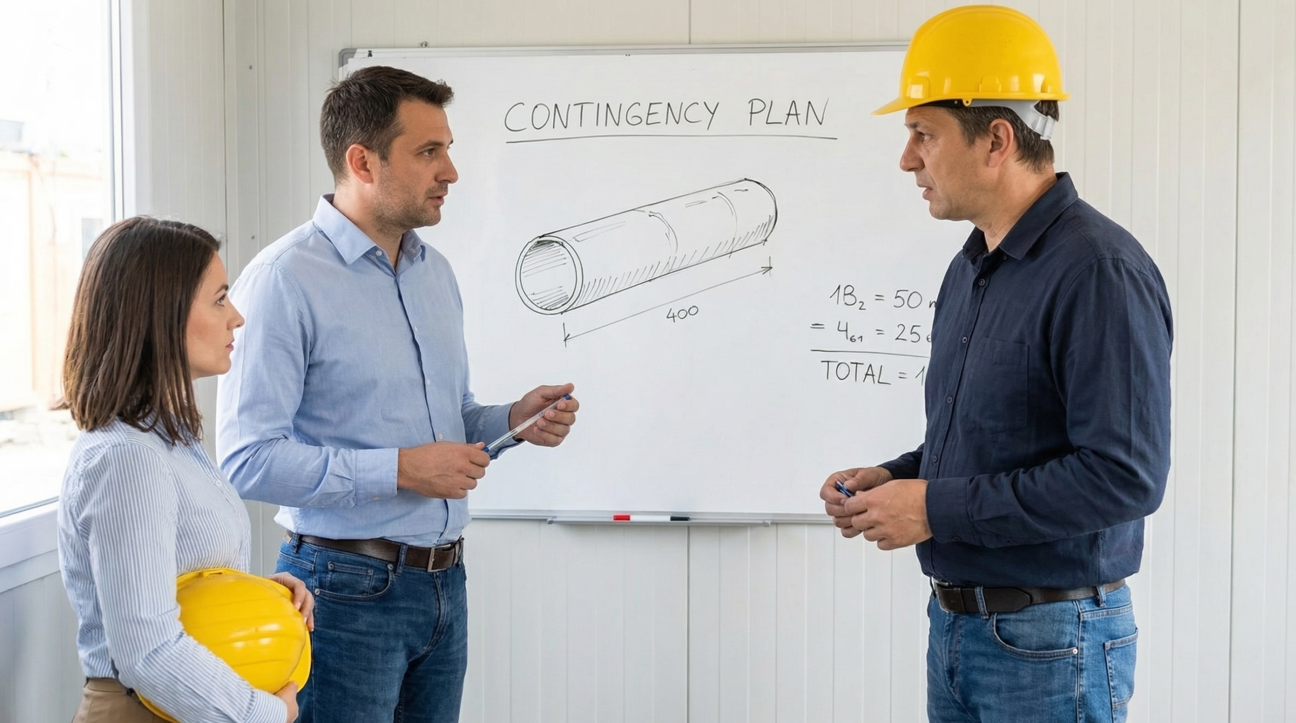 Construction team reviewing a contingency plan on a whiteboard with technical drawings and budget calculations