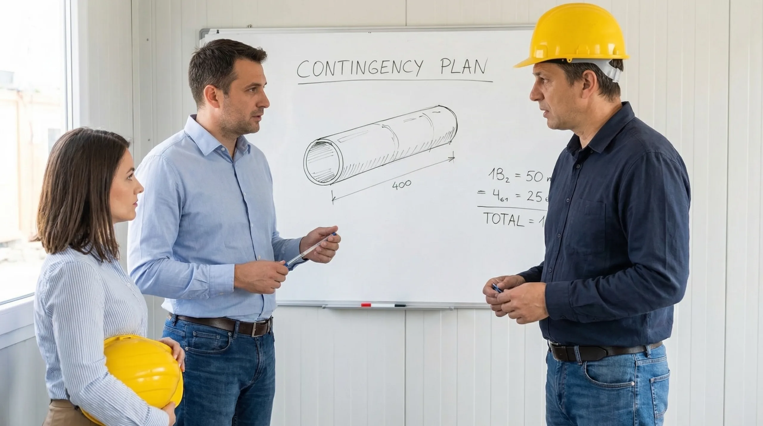 Construction team reviewing a contingency plan on a whiteboard with technical drawings and budget calculations