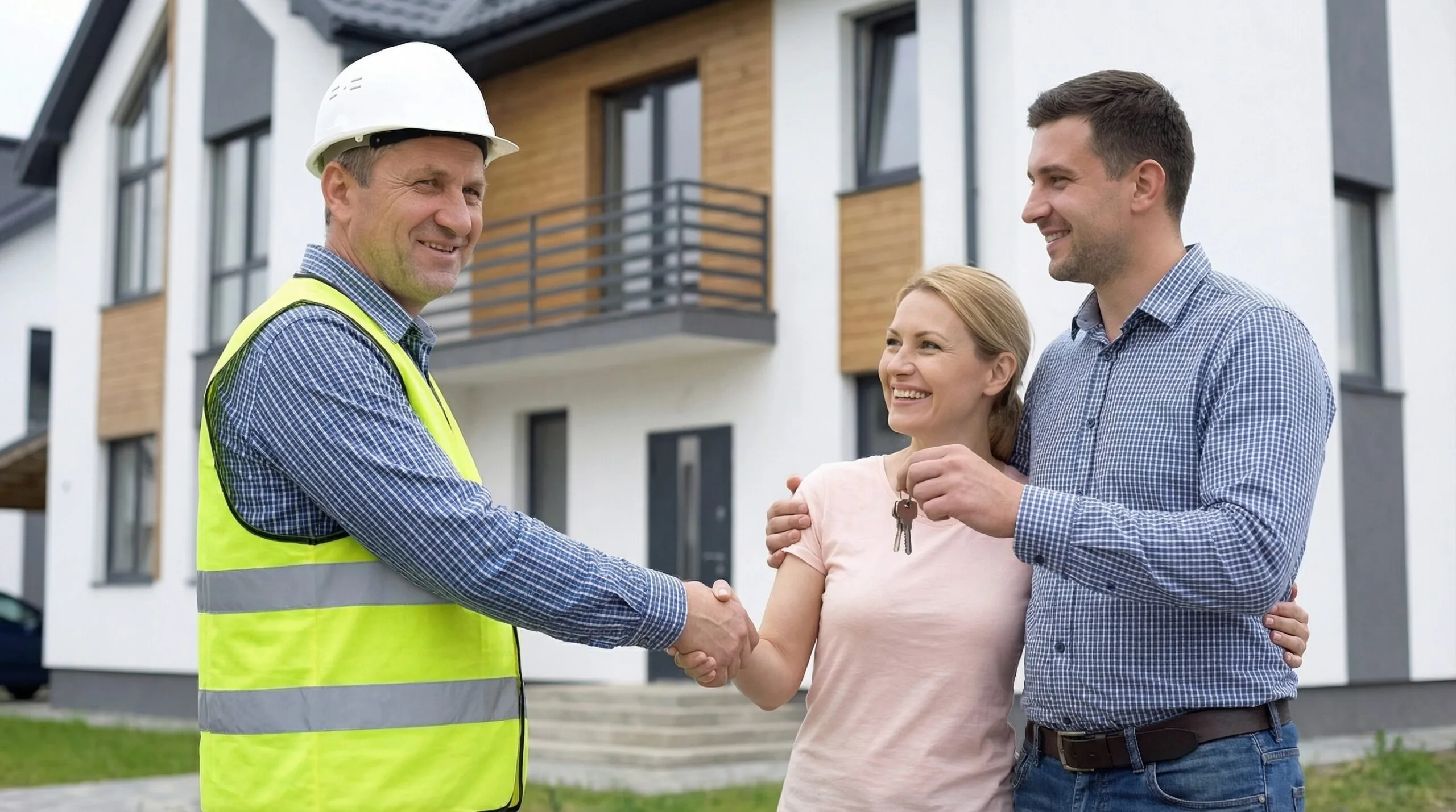 Contractor in hard hat and safety vest shaking hands with happy homeowners in front of a newly completed home