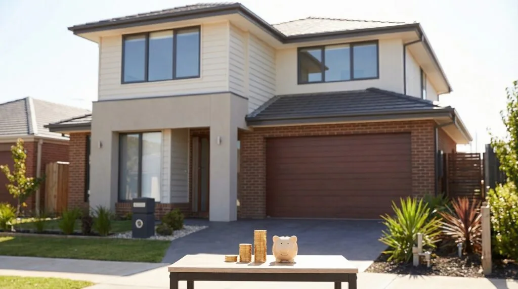 Piggy bank and stacked gold coins on a table in front of a modern two-story residential home representing construction contingency savings