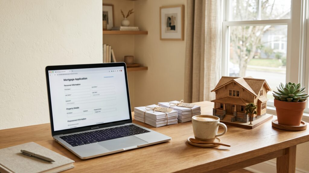 Laptop showing a mortgage application next to labeled FHA and VA loan paperwork bundles and a wooden Craftsman house model, representing down payment options for Colorado buyers.