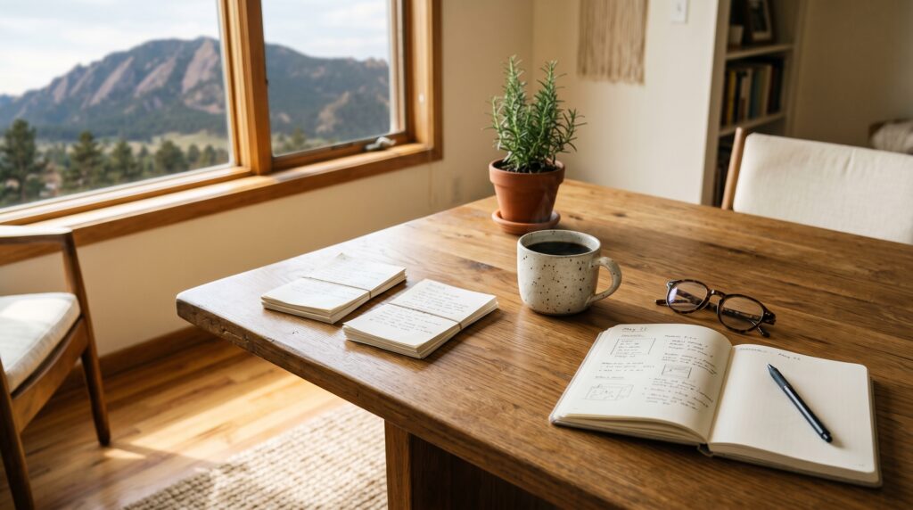 Wooden table inside a Boulder apartment with a notebook, coffee, and a view of the Flatirons, set up to weigh renting vs buying in Boulder for a young adult.
