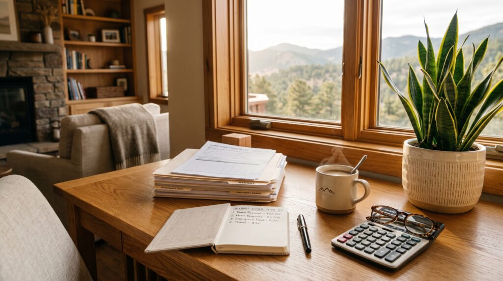 Home office desk in a Colorado home with a home loan application, handwritten savings goals notebook, calculator, and coffee mug, with the Front Range visible through the window.