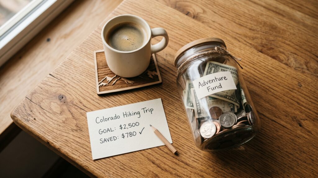 Glass savings jar with bills and coins next to a handwritten savings goal card and coffee mug, representing a Colorado home buyer building toward a savings target.