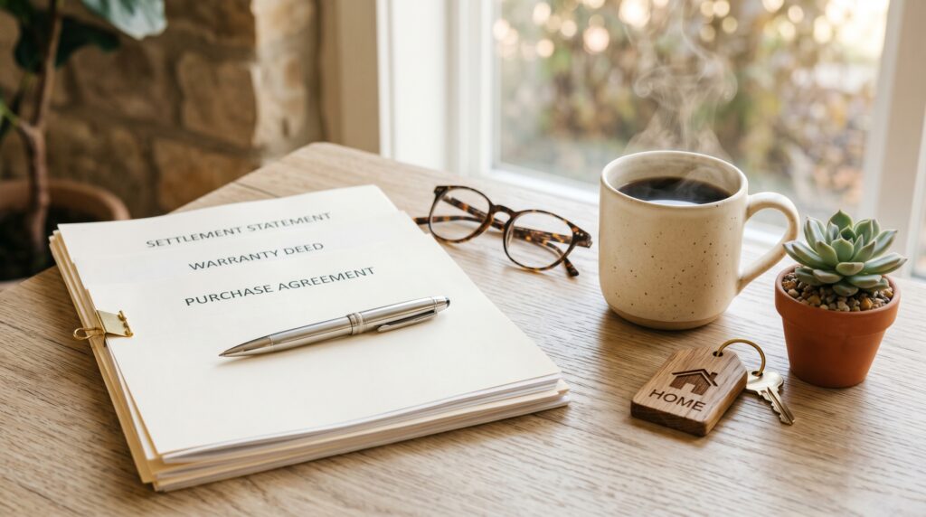 Closing documents stacked on a table with a settlement statement, warranty deed, and purchase agreement visible, next to a house keychain and coffee mug, showing Colorado home closing paperwork.