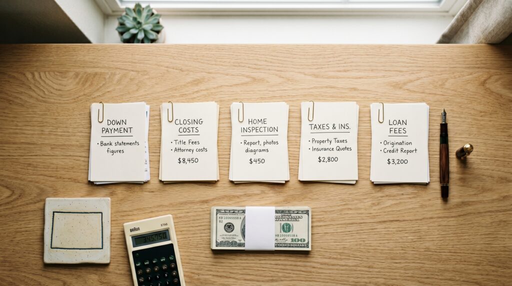 Five labeled paper stacks on a wooden desk showing the five savings buckets a Colorado home buyer needs: down payment, closing costs, home inspection, taxes and insurance, and loan fees.