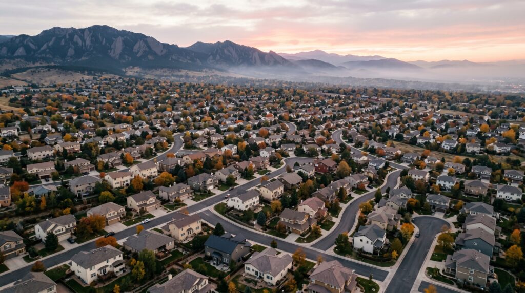Aerial view of a Colorado Front Range residential neighborhood at dawn with autumn trees and the Flatirons on the horizon, showing the scale of the search for lease to own homes in Colorado.