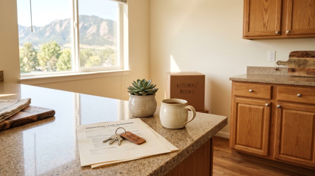 Signed residential lease agreement, keys tagged "Unit 3B Boulder," and a moving box on a kitchen counter with the Flatirons visible through the window.