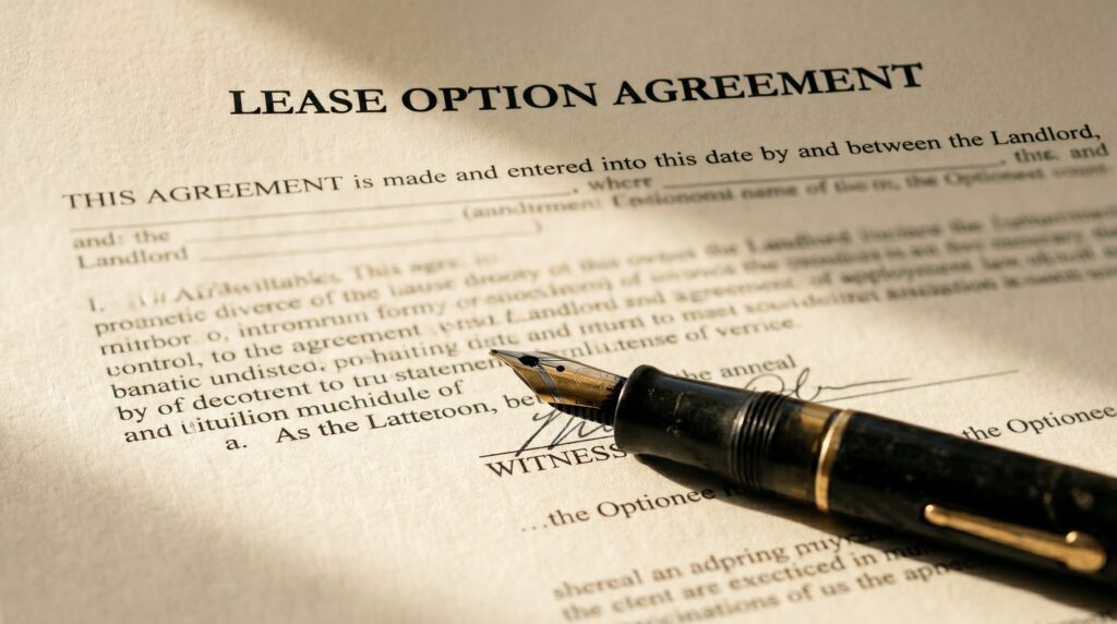 Close-up of a Lease Option Agreement contract with a vintage fountain pen resting on the page, the document type that governs most lease to own homes in Colorado.