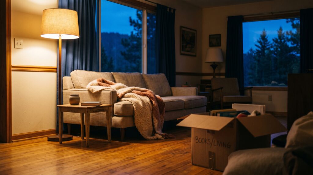 Colorado mid-century living room at dusk with a floor lamp, linen sofa, and moving boxes on the hardwood floor, the quiet arrival moment after moving into lease to own homes in Colorado.