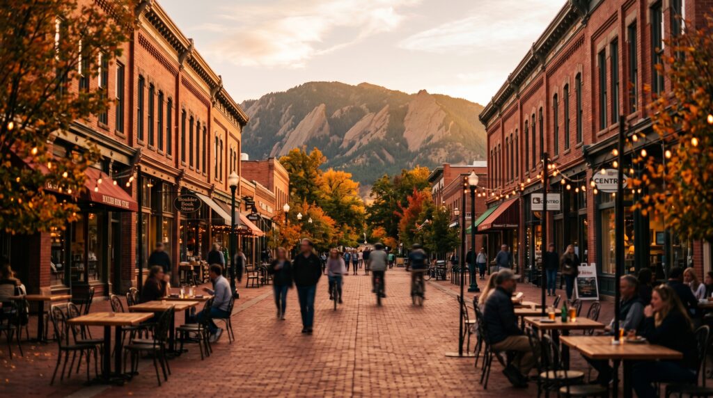 Downtown Boulder's Pearl Street Mall at sunset with the Flatirons rising behind, one of the best neighborhoods in Boulder for young adults.