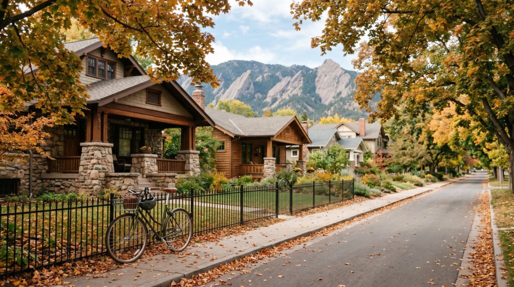 Craftsman bungalow homes on a tree-lined Boulder residential street with the Flatirons in the background, typical of the best neighborhoods in Boulder for young adults.