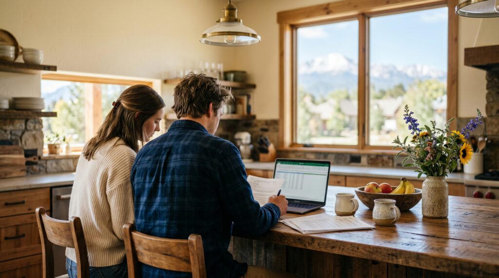 Young couple at a kitchen island reviewing a spreadsheet on a laptop alongside paperwork, with snow-capped Colorado mountains visible through the window.