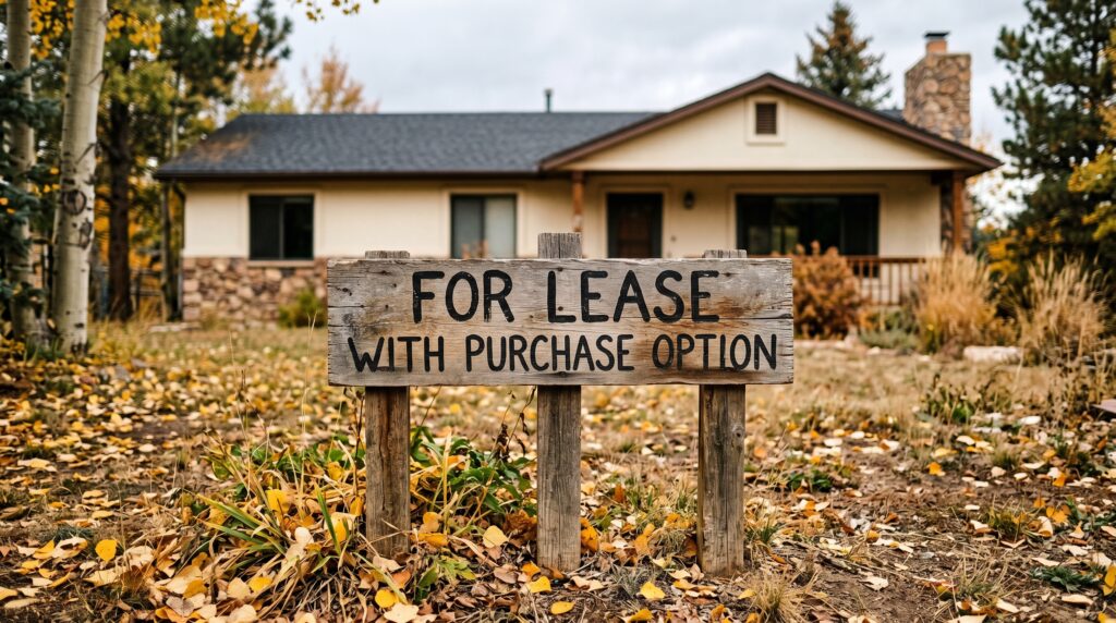 Weathered wooden yard sign reading "For Lease with Purchase Option" planted in front of a modest Colorado ranch home, one of the signs that marks lease to own homes in Colorado.