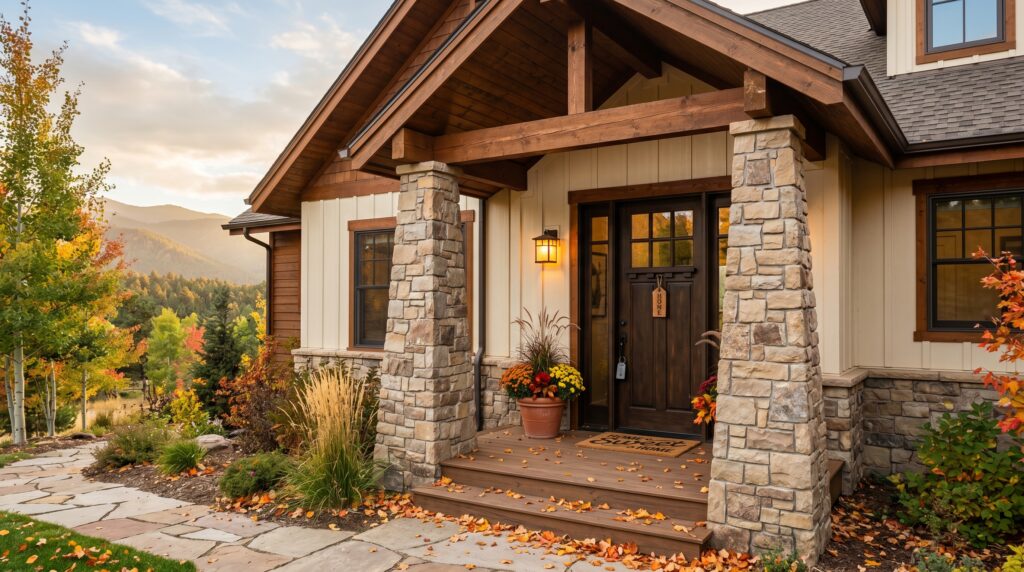 Welcoming Colorado Craftsman home with a wood and stone porch, a HOME keychain on the door, and the Front Range in the distance, representing lease to own homes in Colorado.