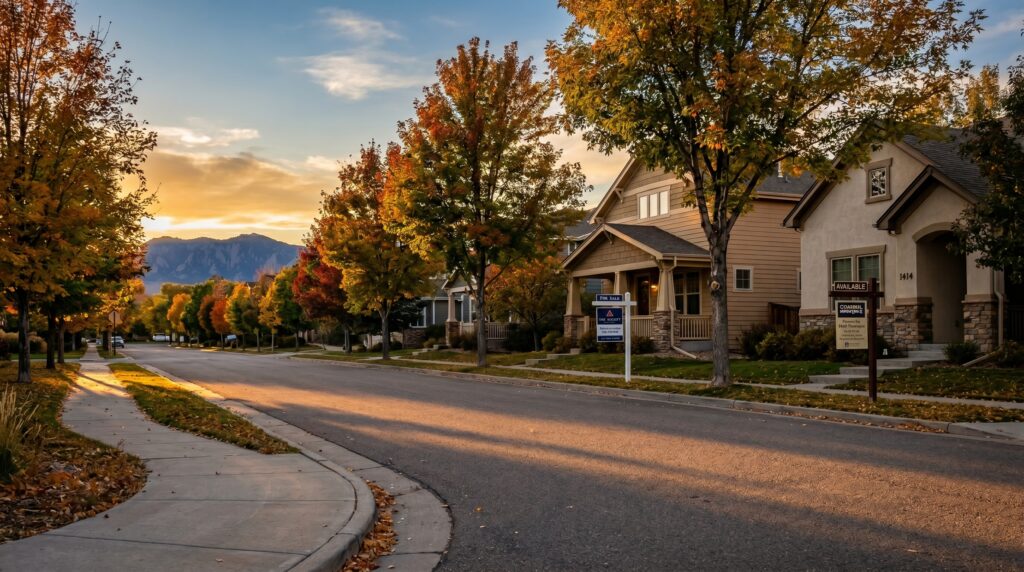 Colorado Front Range residential street at golden hour with two homes, one displaying a "For Sale" sign and one displaying an "Available" sign, illustrating different contract paths for lease to own homes in Colorado.