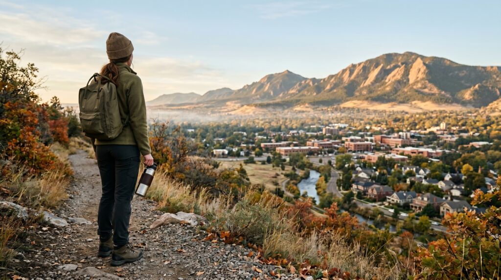 Young adult hiker on a Boulder foothills trail overlooking the city and Flatirons, a daily perk of living in the best Boulder neighborhoods for young adults.
