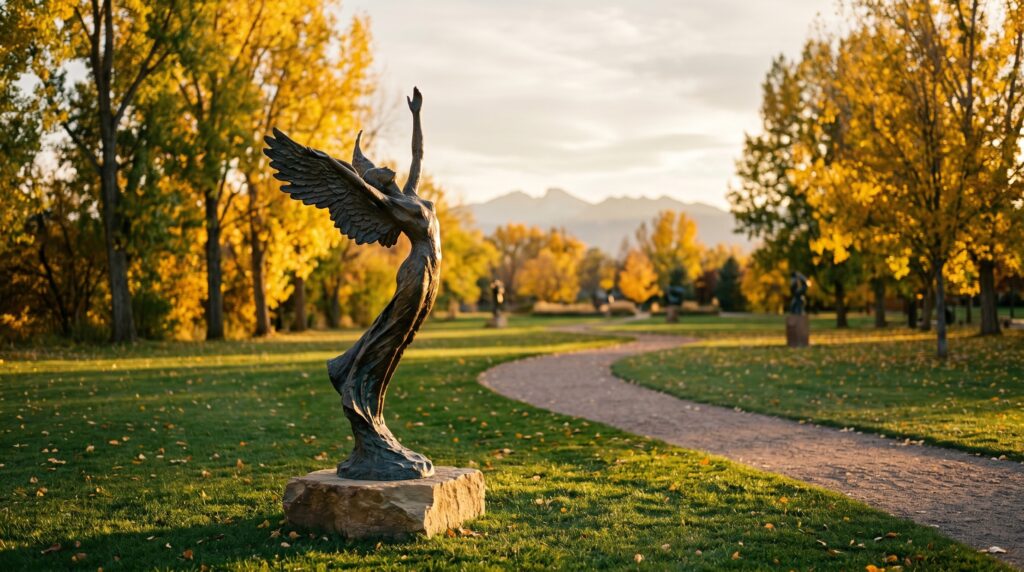 Bronze winged figure sculpture at Benson Sculpture Garden in autumn with cottonwoods and the Twin Sisters foothills in the distance, an iconic part of living in Loveland in Colorado.