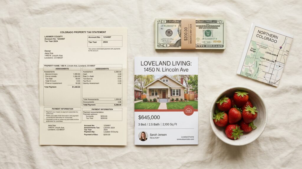 Flat-lay of a Larimer County property tax statement, a Loveland real estate brochure showing a $645,000 home, banded cash, a Northern Colorado map, and a bowl of strawberries, illustrating the cost of living in Loveland in Colorado.
