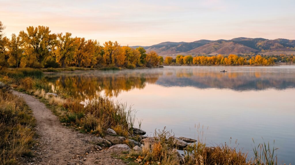 Boyd Lake at sunrise with autumn cottonwoods reflecting on the calm water and a lone kayaker, the kind of morning that defines living in Loveland in Colorado.