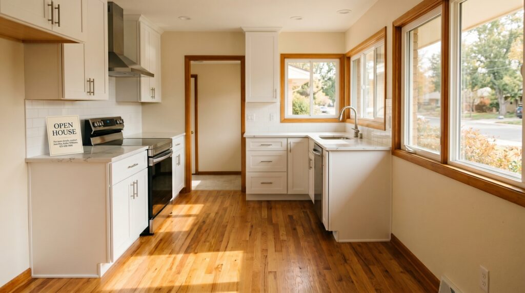 Empty Loveland Colorado kitchen with white shaker cabinets, hardwood floors, and an Open House sign on the counter, a typical listing for buyers exploring living in Loveland in Colorado.