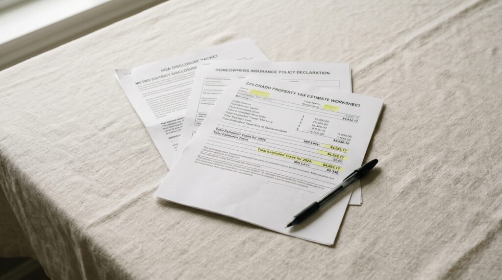 Stack of Colorado closing day documents including HOA disclosure, metro district disclosure, homeowners insurance declaration, and property tax estimate worksheet that affect Colorado house affordability calculations
