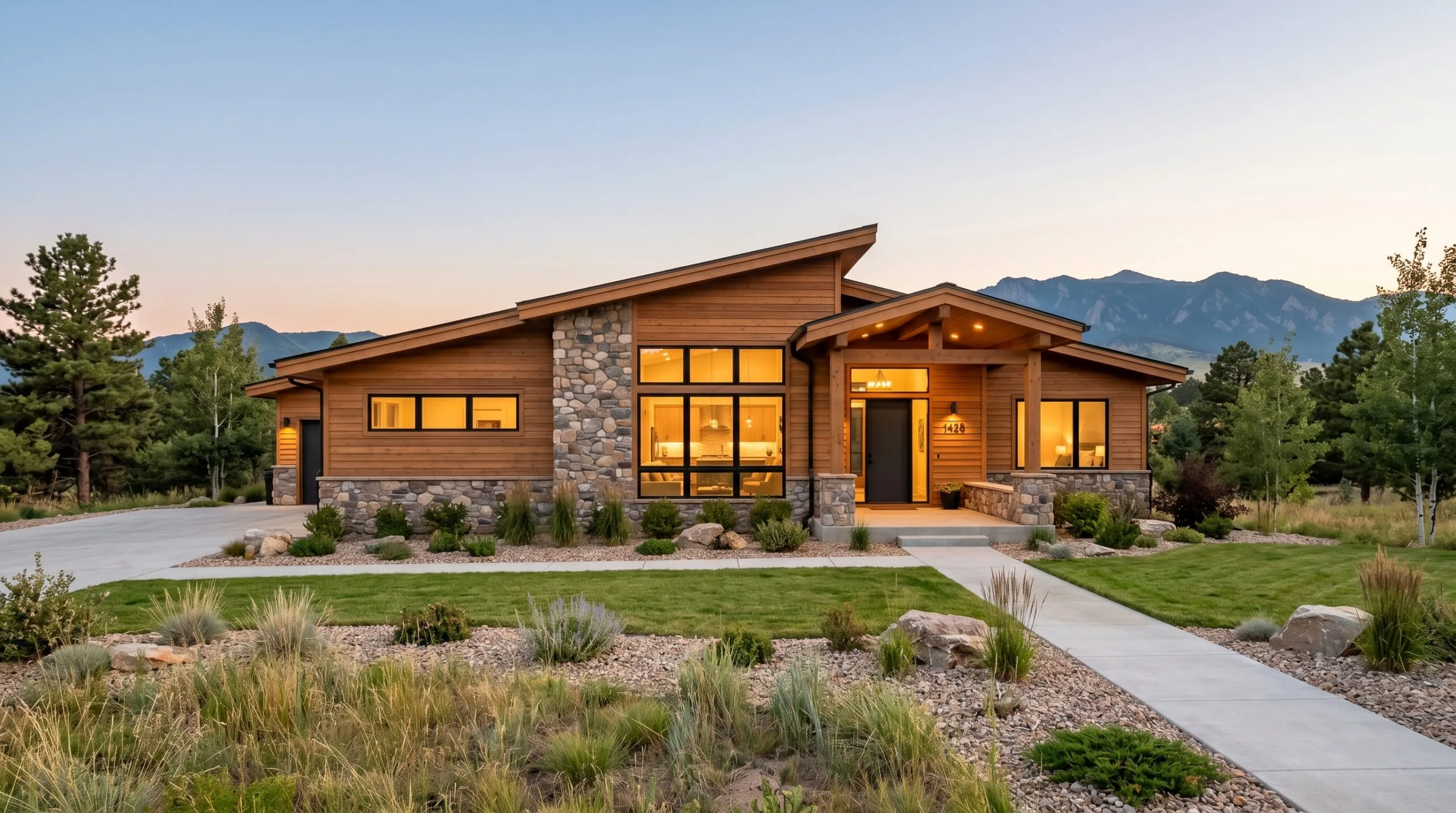 Contemporary mountain-modern Colorado Front Range home at golden hour with foothills behind, illustrating the type of property buyers consider when asking how much house they can afford in Colorado