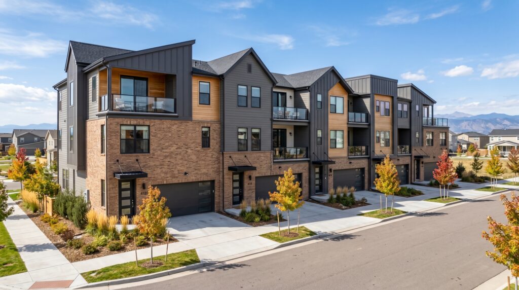 Row of contemporary three-story Colorado Front Range townhomes with brick and wood siding, illustrating an entry-point property type for buyers asking how much home they can afford in Colorado
