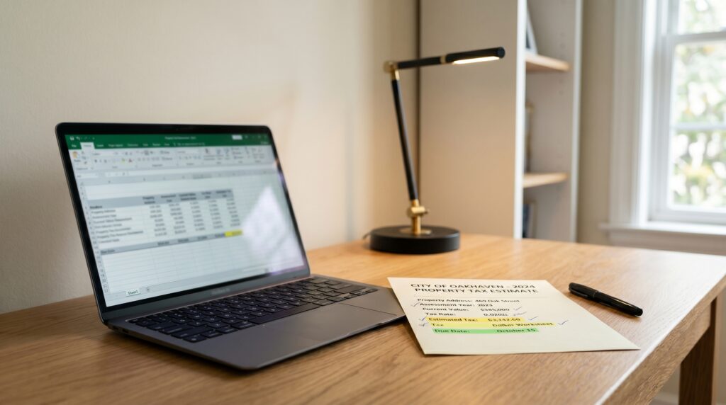 Laptop with a property tax spreadsheet open next to a printed property tax estimate worksheet, showing the calculation steps used to estimate a Colorado property tax bill in 2026