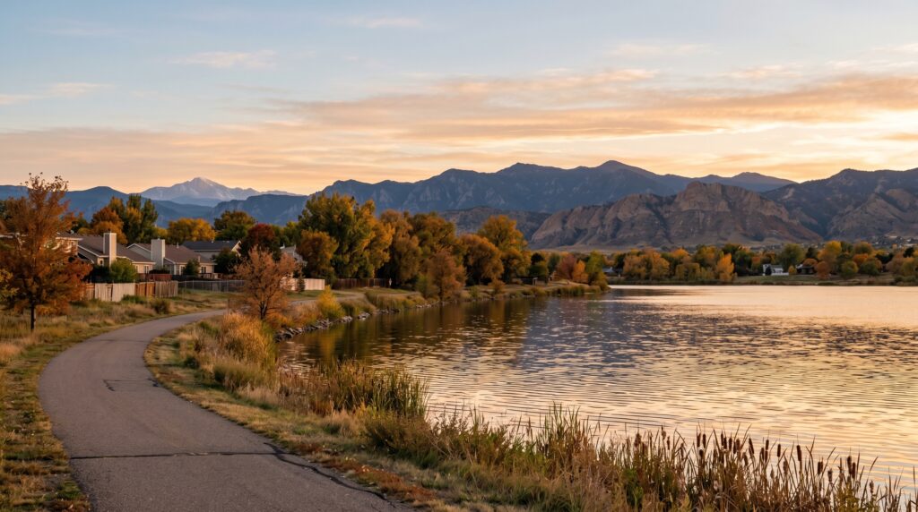 Lake Loveland at sunset with the Front Range foothills behind it and a curving lakeside path, the iconic view that defines living in Loveland in Colorado.